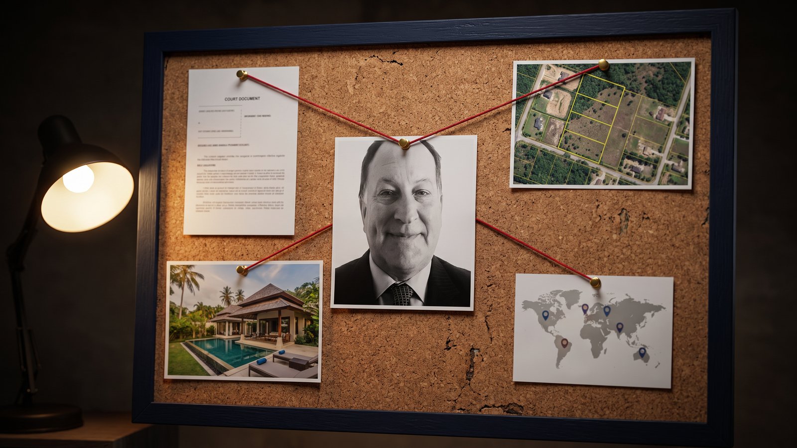 Editorial illustration of a detective's investigation cork board with a photo of Warren Stokes at the center, connected by red string to a court document, a villa construction photo, an aerial land-plot map, and a world map, representing the recurring cross-jurisdiction pattern.